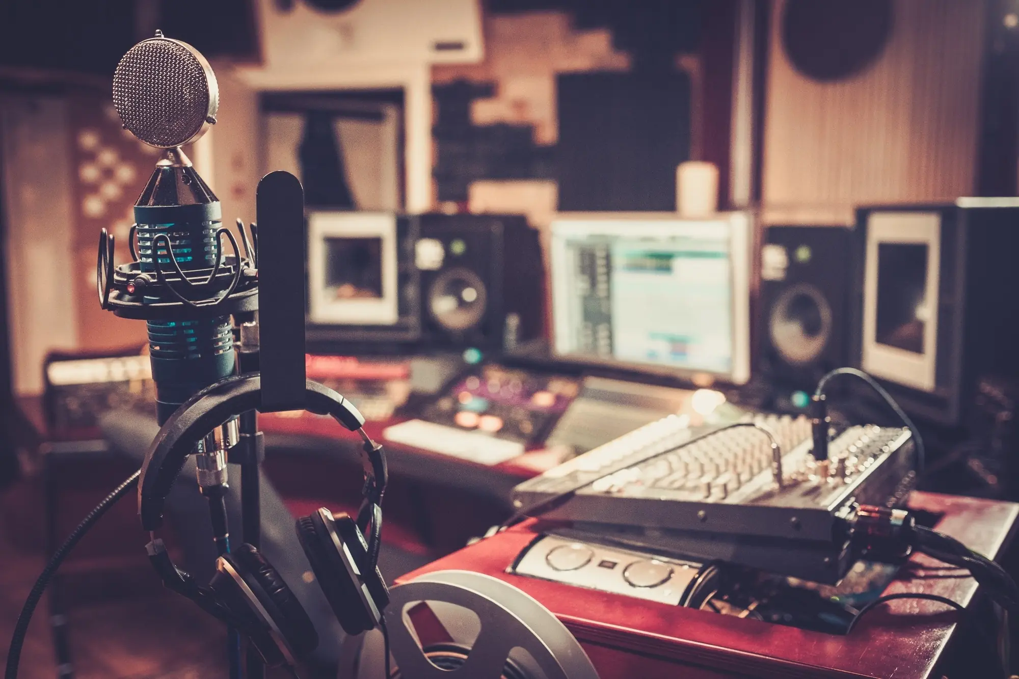 Close-up of boutique recording studio control desk.